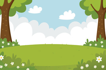 A vibrant cartoon landscape features trees fluffy clouds a green field and flowers