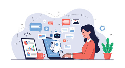 A female professional using an AI chatbot assistant on her laptop for help with programming, data analysis, and content creation.