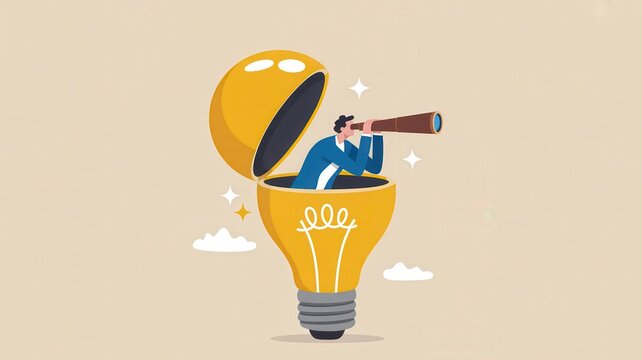 Businessman inside open lightbulb looking through telescope, searching for new ideas, opportunities, or future vision on plain background.