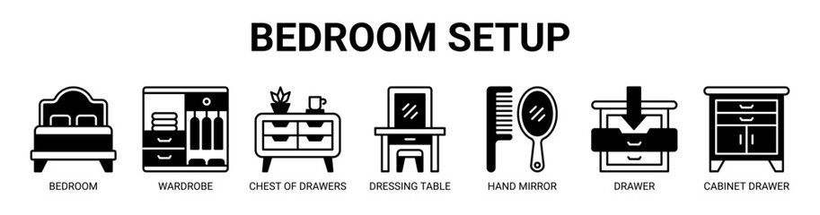 Fototapeta premium Bedroom Setup web banner icon vector illustration concept with icon of bedroom, wardrobe, chest of drawers, dressing table, hand mirror, drawer, and cabinet drawer.