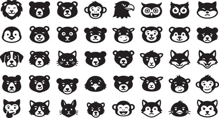40 Animal Face Silhouette Icons Set with Various Emotions: Smile, Angry, Excited, and Proud Vector Illustration