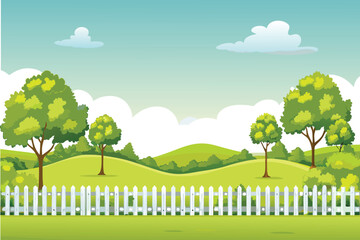 A peaceful idyllic scene featuring a green landscape with a white picket fence © PUNNABEGUM