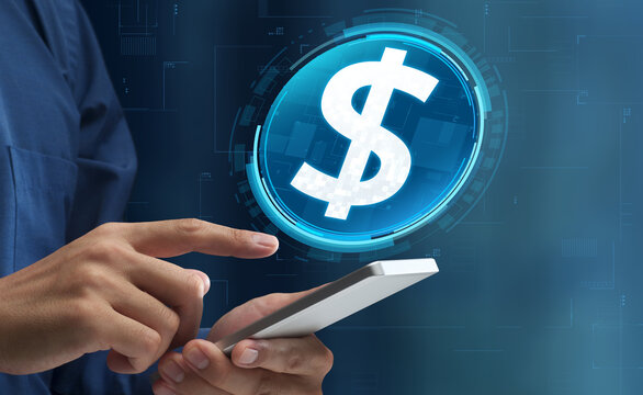 USD pegged stablecoin and digital dollar. Cryptocurrency tokens on blockchain networks. Man paying with stablecoins using mobile crypto wallet on smartphone.