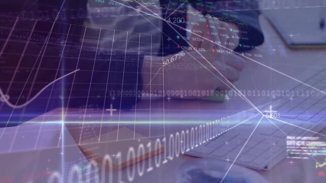 Animation of stock market data processing over md section of woman writing on memo notes