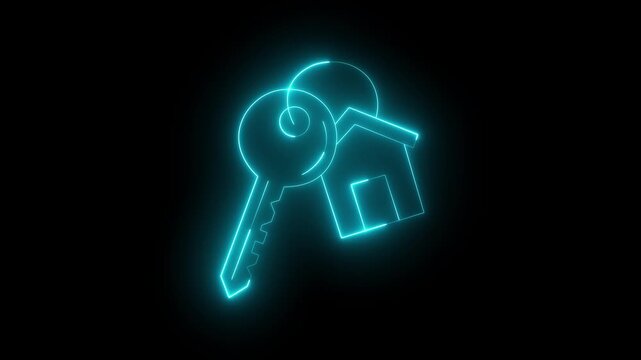 glowing neon Key chain with key ring and house locket icon isolated on black background. For rent house concept. House keychain with key on ring, symbolizing home security and ownership.
