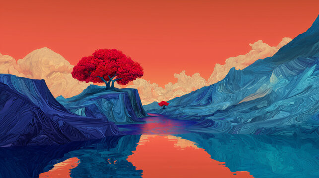 Surreal landscape featuring vibrant red trees on swirling blue mountains reflected in a calm river under an orange sky