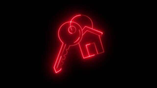 glowing neon Key chain with key ring and house locket icon isolated on black background. For rent house concept. House keychain with key on ring, symbolizing home security and ownership.