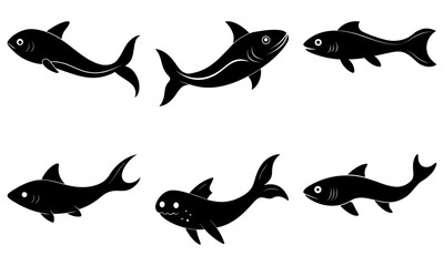 Obraz premium Seven black fish silhouettes swimming in different directions on a white background