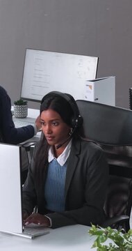 Call center, above or people in agency with headset, lead generation or customer service in crm management. Telemarketing, coworking or agents with tech, outbound contact or feedback in help desk.