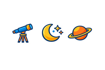 Obraz premium Telescope, moon, and planet symbols shown in a simple design for space exploration theme in a digital format