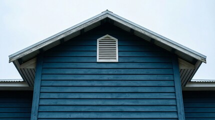 Close up view of the upper facade of a dark blue wooden building featuring white louvered gable vent under a weathered corrugated metal roof.