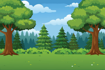 A vibrant forest landscape with lush green trees and a clear blue sky © PUNNABEGUM