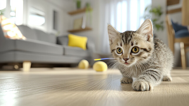 Curious kitten chasing laser pointer on wooden floor in bright living room, playful tabby cat focused, sunlight streaming, cozy home interior, energetic mood