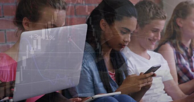 Animation of data processing against group of diverse students using electronic devices at school