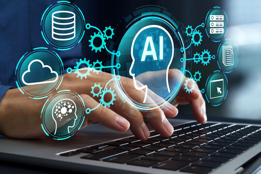 AI function calling and API integration. System integration for workflow automation. Businessman using agent AI with tool calling capabilities on laptop computer.