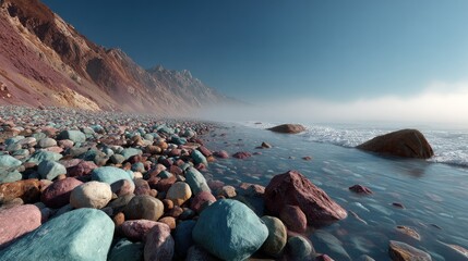 Obraz premium Rocky beach with mountains, mist, and clear water on a sunny day