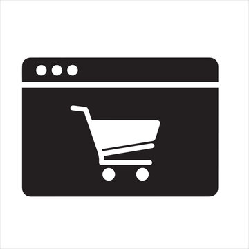 a large minimal vector icon of a browser window with shopping cart, solid black silhouette, centered on white background