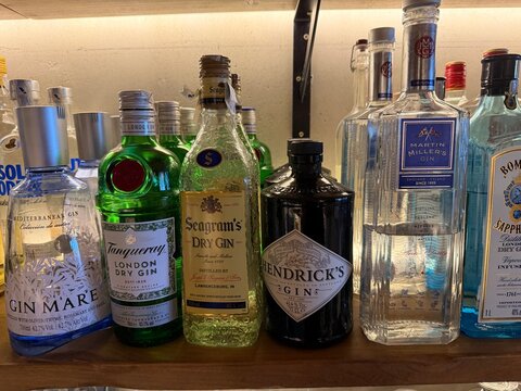 Palma, spain, january 20, 2026, row of premium gin bottles on a backlit wooden bar shelf, displaying assorted branded spirits and glassware for cocktails
