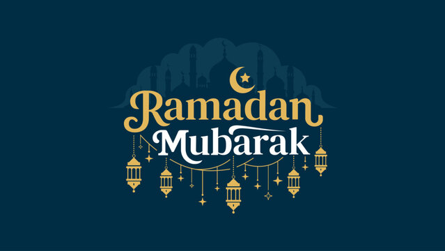 Ramadan Mubarak greeting design in flat style. Elegant Islamic typography with lantern and crescent elements, suitable for Ramadan celebration, Eid background, social media and banner