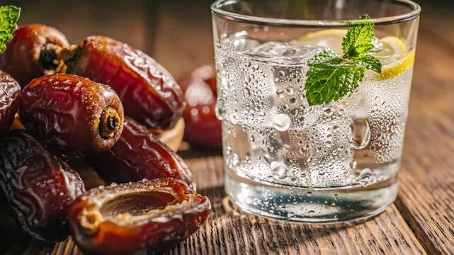 A refreshing glass of sparkling water garnished with mint and lemon sits beside a generous pile of rich brown dried dates resting upon rustic wooden surface.