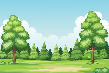 Obraz premium A vibrant landscape depicts lush green trees and a bright blue sky high quality