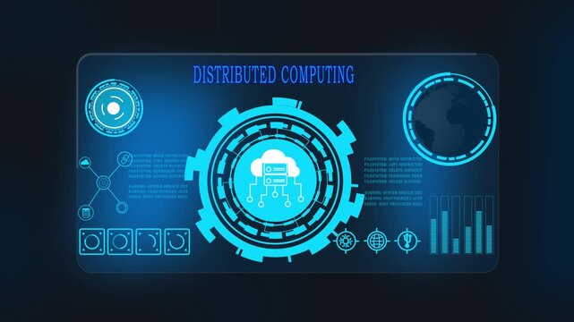 DISTRIBUTED futuristic dashboard interface with glowing HUD elements, digital analytics charts, cloud computing network, data flow visualization, software development concept, cybersecurity techno