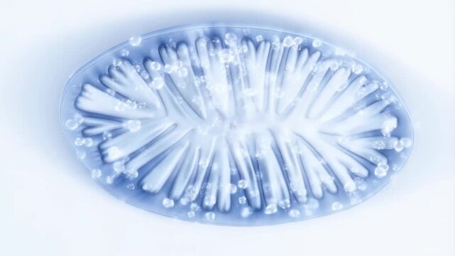 Microscopic skin hydration animation with hyaluronic acid droplets penetrating epidermal layers, showcasing fluid absorption and moisture effect