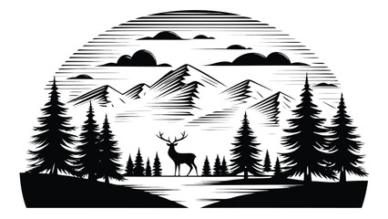 Black and white vector illustration of deer in forest landscape