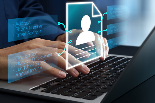 Customer profiles and information. Demographic and psychographic data for digital marketing analysis. Marketer managing user data on laptop computer.