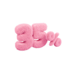 3d illustration of pink hairy number 35 percent or 35% isolated on white background. 3d render.