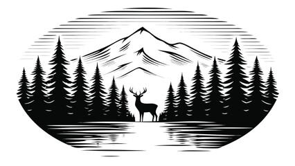 Vector illustration of deer in forest with mountain landscape