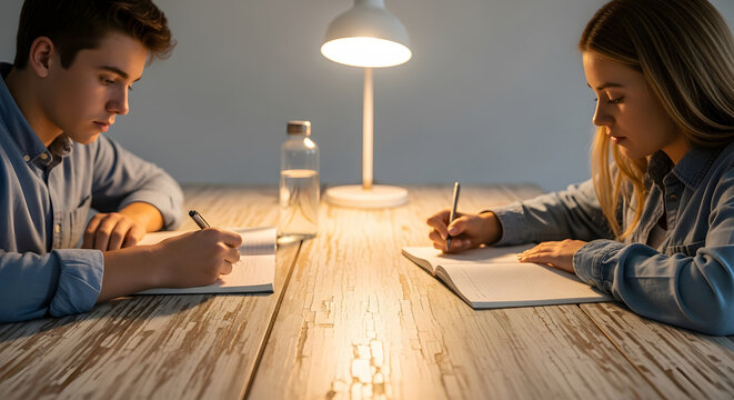 Teenage students writing homework together at night under a desk