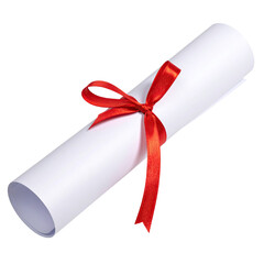 Rolled white paper scroll with a vibrant red ribbon tied around it, symbolizing achievement and celebration.