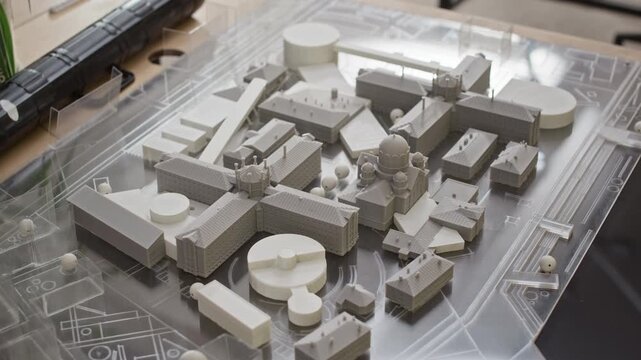 Detailed 3D architectural model of urban complex displayed on transparent table, showcasing building layouts, domes, and modern design elements