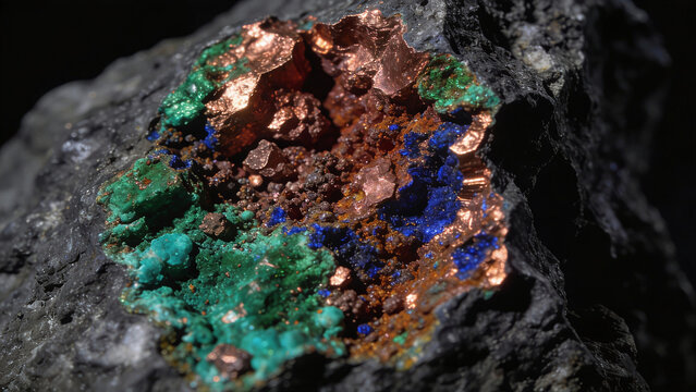Colorful mineral rock with green and blue crystals on dark base. Natural copper ore specimen showing layered formations. Geology and earth science concept for mineralogy education and natural history