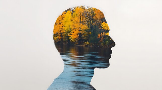 A creative silhouette blends a human profile with vibrant autumn trees and a serene river, symbolizing nature's influence on the mind.