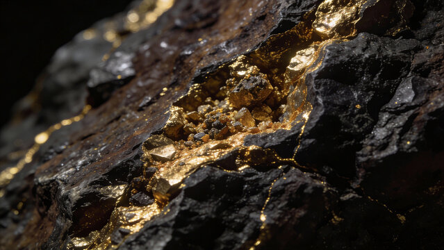 Close-up of gold nuggets embedded in dark rock formation. Precious metal vein exposure in natural mineral matrix. Geological specimen for mining exploration and resource discovery concepts in earth