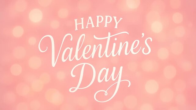 Happy Valentine's Day text in elegant white script lettering on soft pink background with romantic bokeh lights, dreamy pastel greeting card design for love celebration and romantic holiday messages