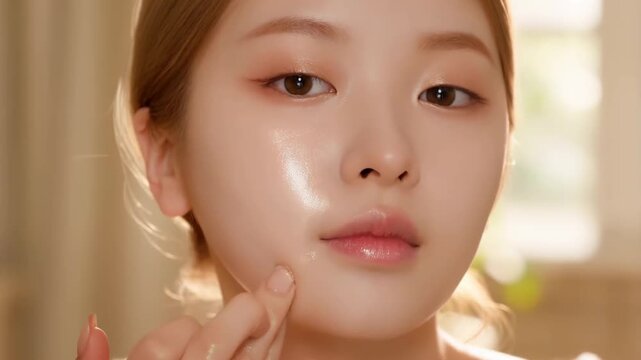 Luminous glow serum application on fair skin, radiant liquid highlighter for glowing complexion, slow-motion beauty skincare video footage