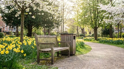 Fototapeta premium Empty weathered wooden park bench sits beside a gravel pathway lined with vibrant yellow daffodils beneath blossoming spring trees in a sunlit garden setting.