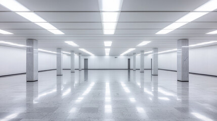 Obraz premium Spacious modern office space with minimal design, white walls, marble columns, reflective floor, and bright ceiling lights, creating clean and empty atmosphere
