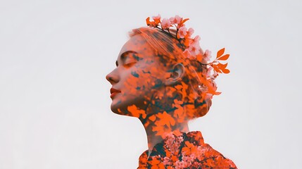 A serene portrait of a woman with floral elements intertwined in her hair, blending nature and beauty through a colorful artistic effect.