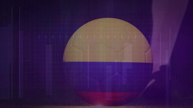 Soccer ball with Colombian flag colors, animation of data graphs in background
