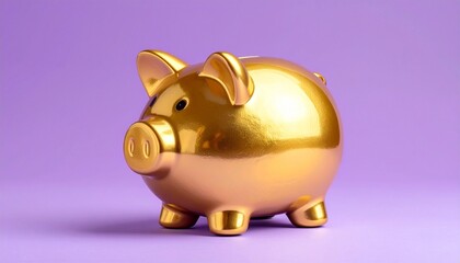 Golden Piggy Bank on Purple Background &ndash; Symbol of Savings and Wealth