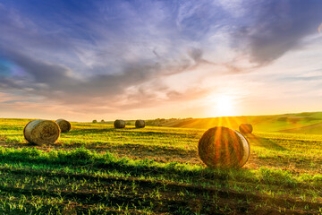 Fototapeta premium scenic evening landscape of green and yellow rural farm field with wheaten crop and hay stacks and beautiful plantations with cloudy sunset sky on background