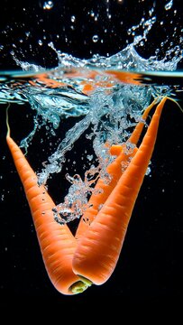 Carrots Splashing into Water on Black Background, Fresh Vegetable Concept