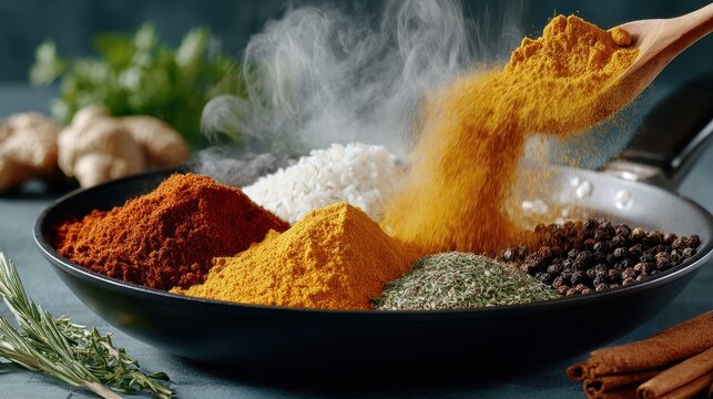 Spices in a pan steam rising, curry powder pouring from a spoon