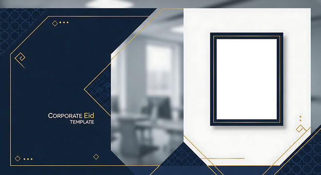 Corporate template layout with modern frame and office background.