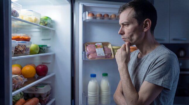 Man looks into refrigerator thinking about what to cook for dinner in a kitchen at night