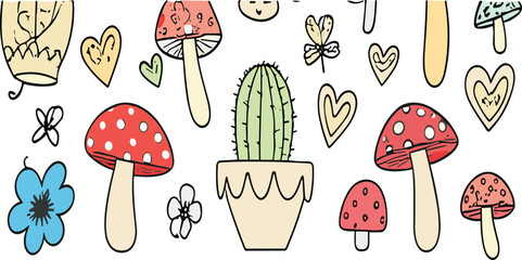 Cute hand drawn mushroom and cactus pattern vector background with hearts and flowers for whimsical kids design © Sumon Creative